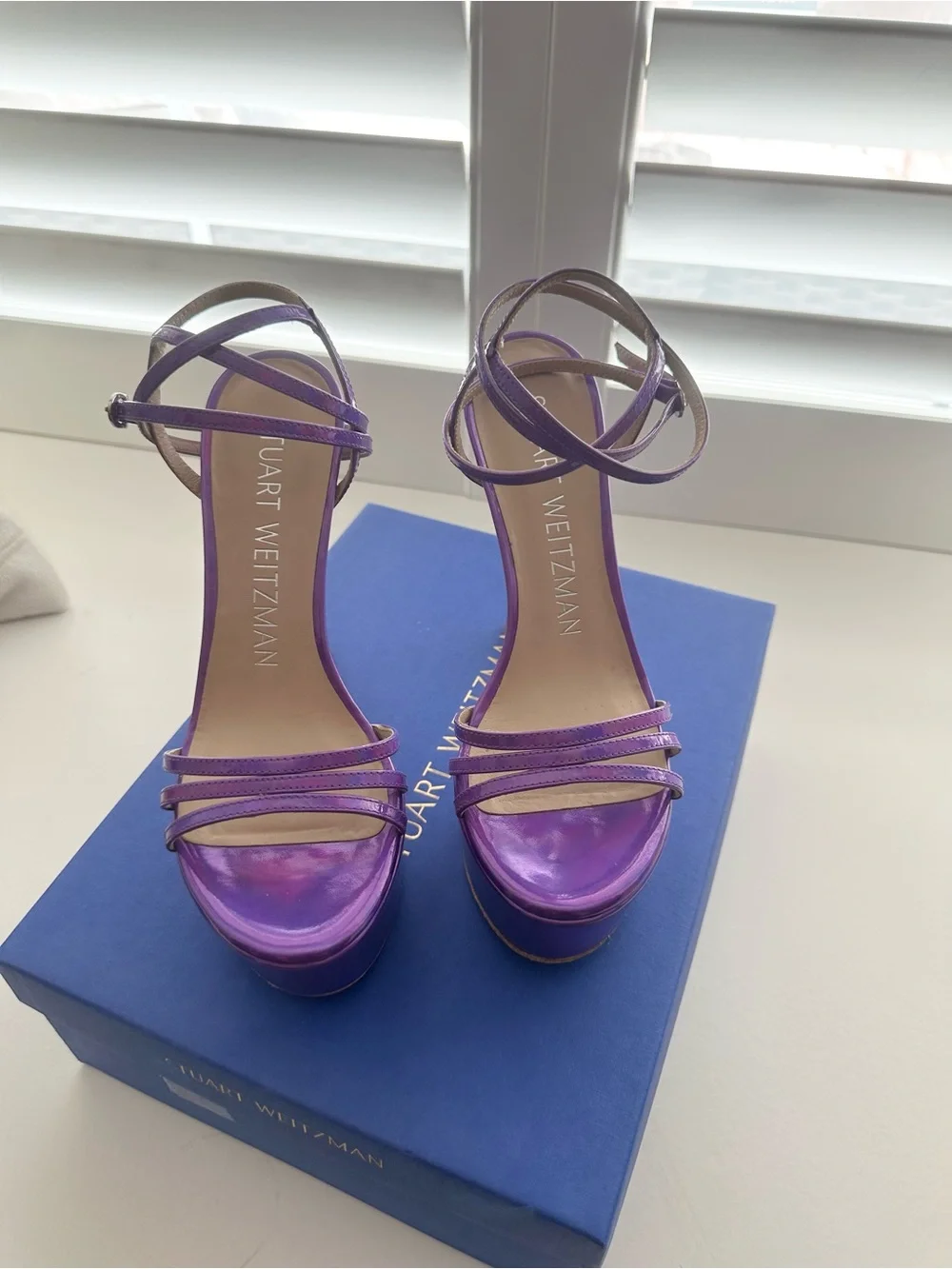Stuart Weitzman Soiree 145 Iridescent Purple Strappy Platform Heel